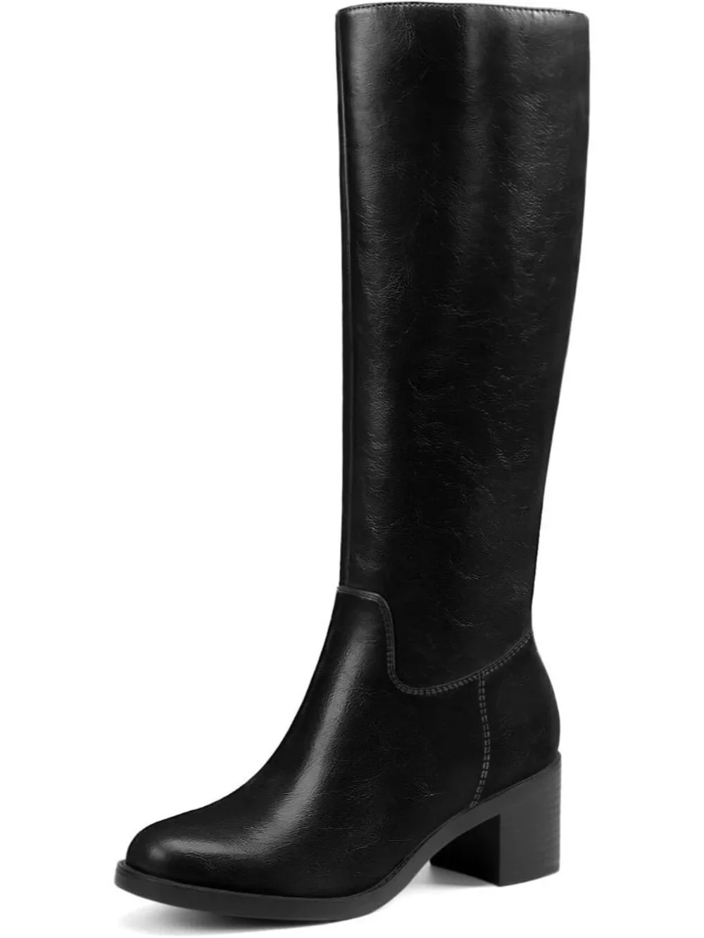 Women's Black Chunky Heel Round Toe Pu Suede Side Zipper Knee High Boots